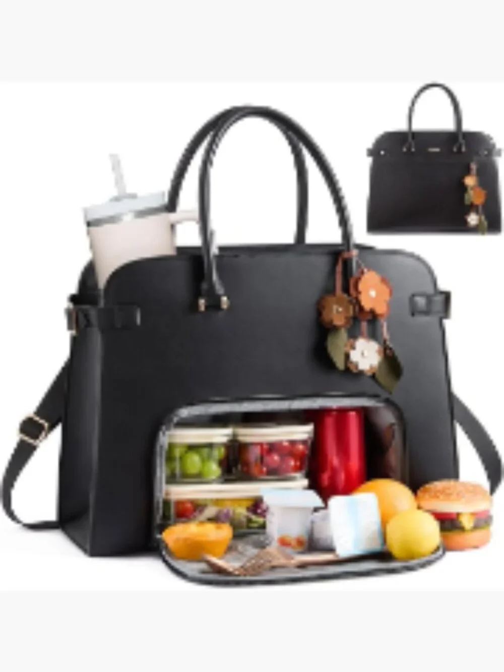 Insulated Lunch Tote Bag with Laptop Compartment, Expandable Leather Work Tote,